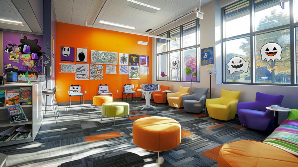 a vibrant, modern office space is filled with diverse halloween coloring sheets pinned to a bulletin board, showcasing a variety of playful designs from friendly ghosts to whimsical witches, inviting creative participation for all ages.