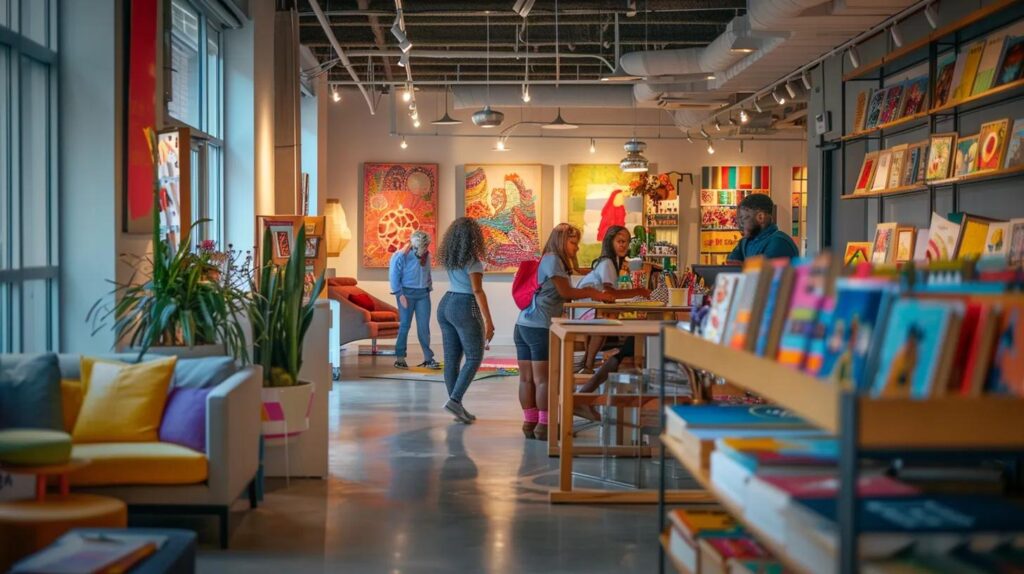a vibrant, modern office space filled with colorful adult coloring books and art supplies, showcasing individuals deeply engaged in the creative process, illuminated by soft, warm lighting that enhances the inviting atmosphere.