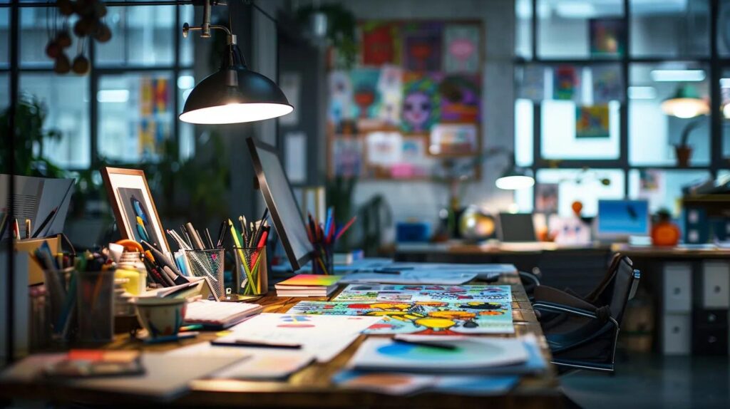 a vibrant, modern workspace filled with colorful halloween-themed printable coloring sheets scattered across a sleek desk, illuminated by bright overhead lights, showcasing an inviting atmosphere for creativity and collaborative projects.
