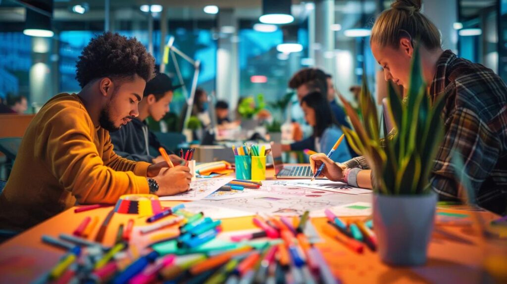 a vibrant office space features a large table covered with intricately designed coloring pages and an array of colorful markers, showcasing an individual deeply engaged in coloring, surrounded by focused coworkers working in a sleek, modern environment.