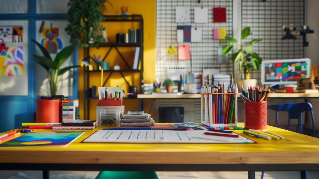 a vibrant office space features a well-organized coloring station with various coloring materials thoughtfully arranged on a sleek desk, showcasing an individual deeply engaged in a coloring activity that enhances their focus.