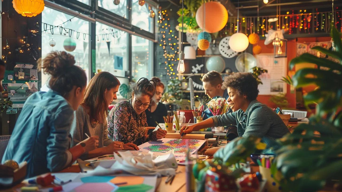 a vibrant office workspace is filled with diverse individuals passionately coloring festive christmas-themed pages, surrounded by cheerful decorations and creative supplies, embodying the joyful spirit of holiday fun.