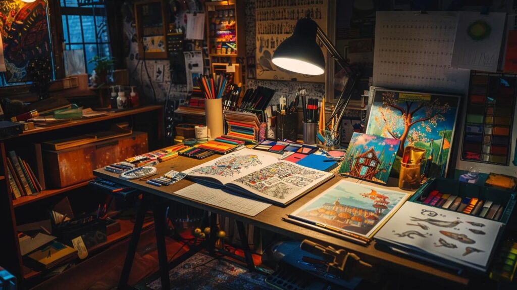a vibrant, organized workspace featuring an artist's desk overflowing with intricate, colored adult coloring pages, a sketchbook open to reveal bold color swatches, and a cozy lamp casting warm light, capturing the essence of creative development and artistic progression.