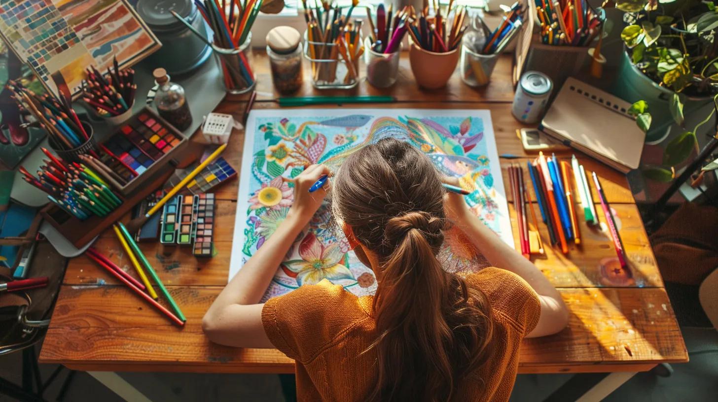 a vibrant, organized workspace features a person deeply focused on intricate coloring pages, with colored pencils scattered artfully around, highlighting the transformative power of creativity for enhancing concentration.