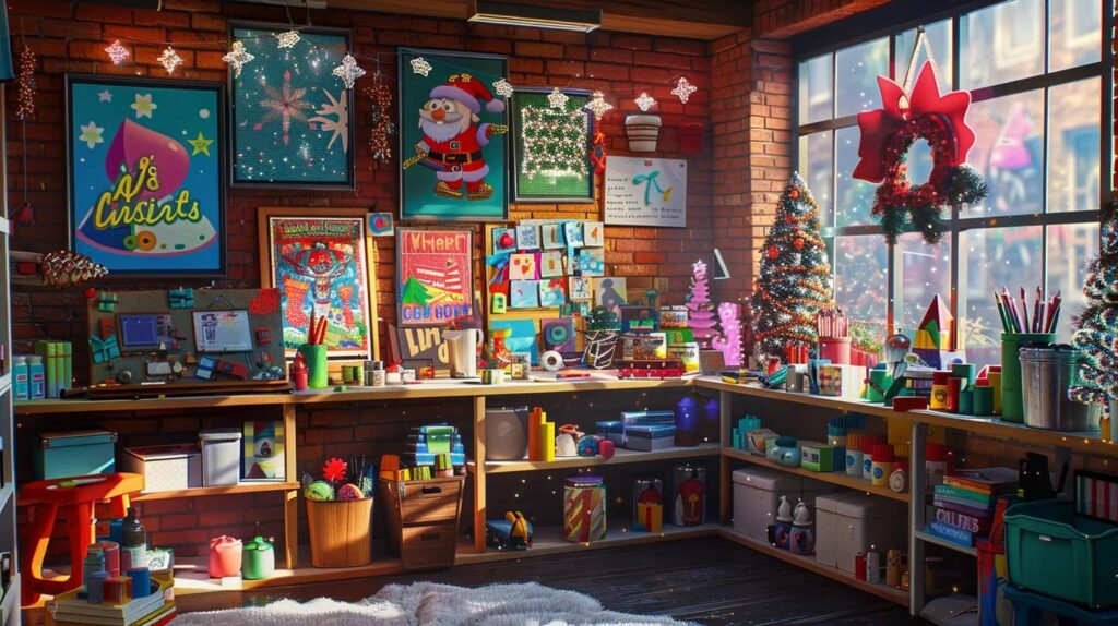 a vibrant studio workspace showcases a collection of festive illustrations in various styles, featuring traditional christmas colors, glitter accents, and intricate shading techniques, all displayed on an artist's table surrounded by colorful crafting supplies and tools.