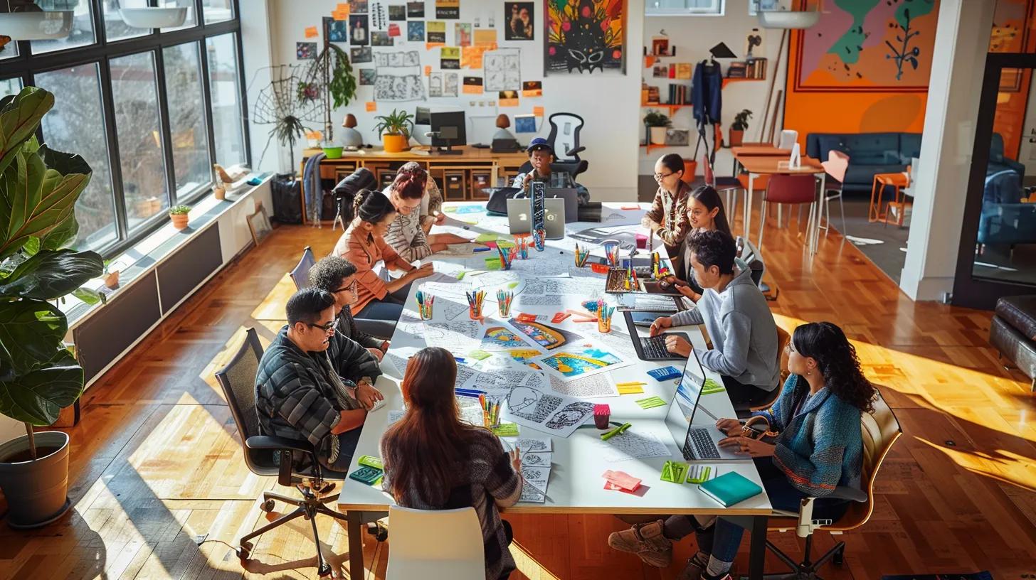 a vibrant, well-lit office space features a large table scattered with colorful halloween-themed coloring sheets, surrounded by diverse individuals engaged in enthusiastic creativity, their bright markers and crayons adding splashes of color to the scene.