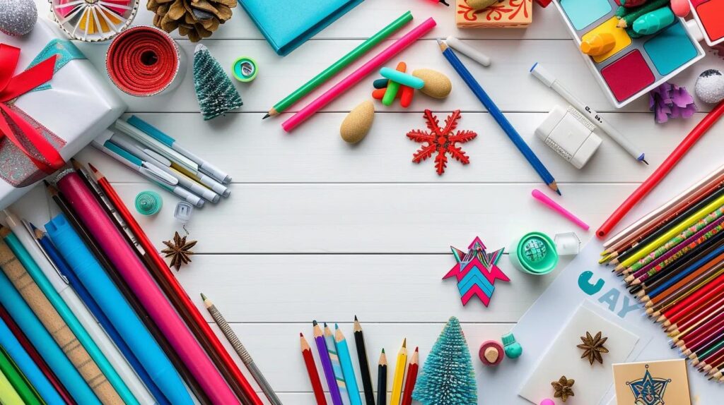 a vibrant workspace filled with an array of high-quality coloring tools, assorted colorful papers, and decorative embellishments, all neatly arranged on a sleek desk, showcasing the essentials for creating stunning diy christmas coloring crafts.