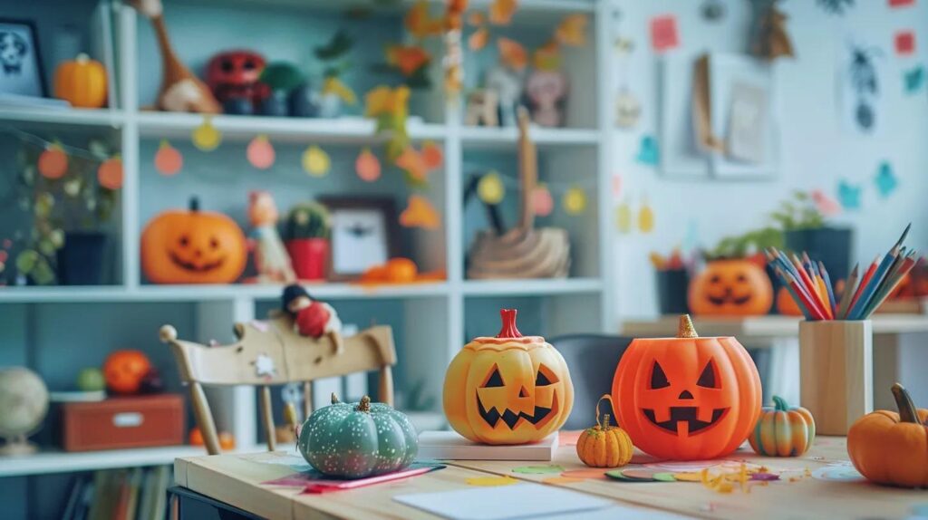 a vibrant workspace filled with creatively transformed halloween-themed crafts made from colored pages, showcasing eye-catching decorations and charming homemade holiday ornaments against a bright, organized office backdrop.