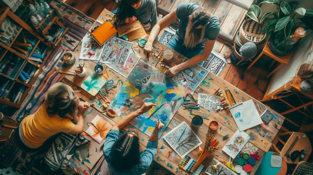 a vibrant workspace filled with adults engaged in colorful artistic expression, surrounded by intricate coloring pages and a variety of art supplies, radiating a sense of creativity and joyful exploration.