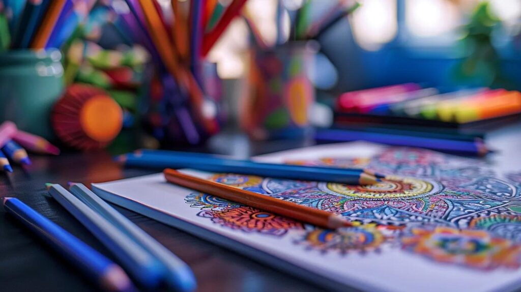 an artist's workspace is vividly illuminated, showcasing a vibrant assortment of colored pencils and intricate, partially colored mandalas spread across a sleek desk, inviting creative expression and personal artistic exploration.