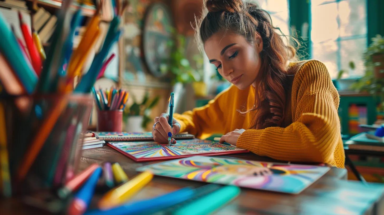 an inviting and vibrant indoor workspace features an artist deeply engaged in adult coloring, surrounded by an array of colorful pens and intricate patterned pages, emphasizing the joy and therapeutic benefits of creative expression.