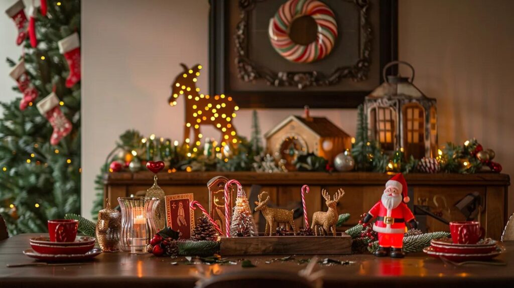 an invitingly festive indoor scene showcases a beautifully arranged table adorned with vibrant diy christmas decorations such as framed reindeer art, a centerpiece featuring laminated nativity cutouts, layered santa characters, and a string of candy cane garland, all set against a cozy, warmly lit backdrop.