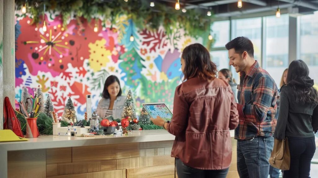 a vibrant urban office space is bustling with creativity as individuals of diverse backgrounds engage with digital tablets, joyfully coloring in festive designs generated by an online christmas coloring page tool, surrounded by colorful wall art and modern décor.
